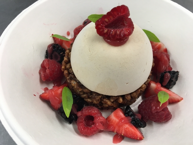 Palet riz soufflé chocolat, mousse vanille et fruits rouges
